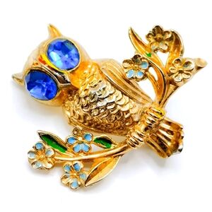 Vintage Mid-Century Coro Rhinestone Owl Brooch